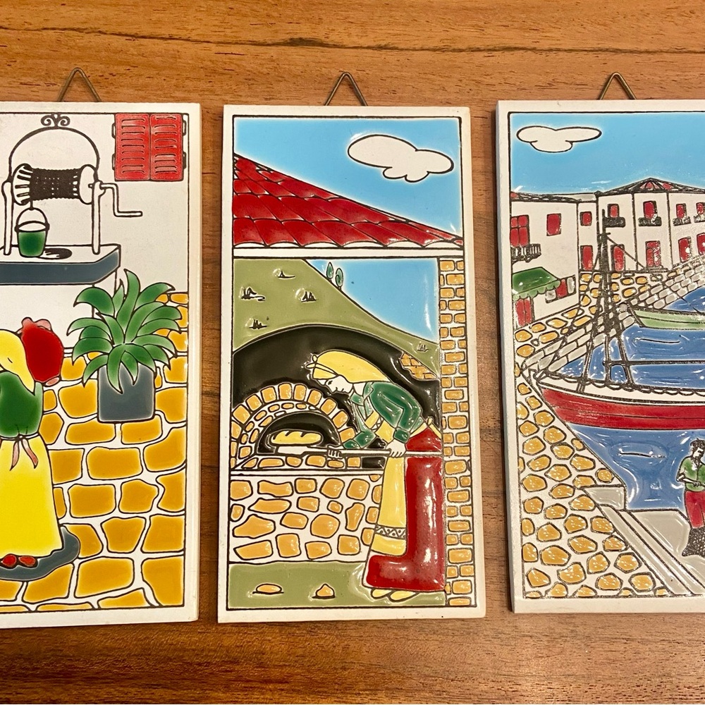 Vintage Katsidoniotis Bros Knossos Greece Hand Painted Ceramic Tiles Set of 3